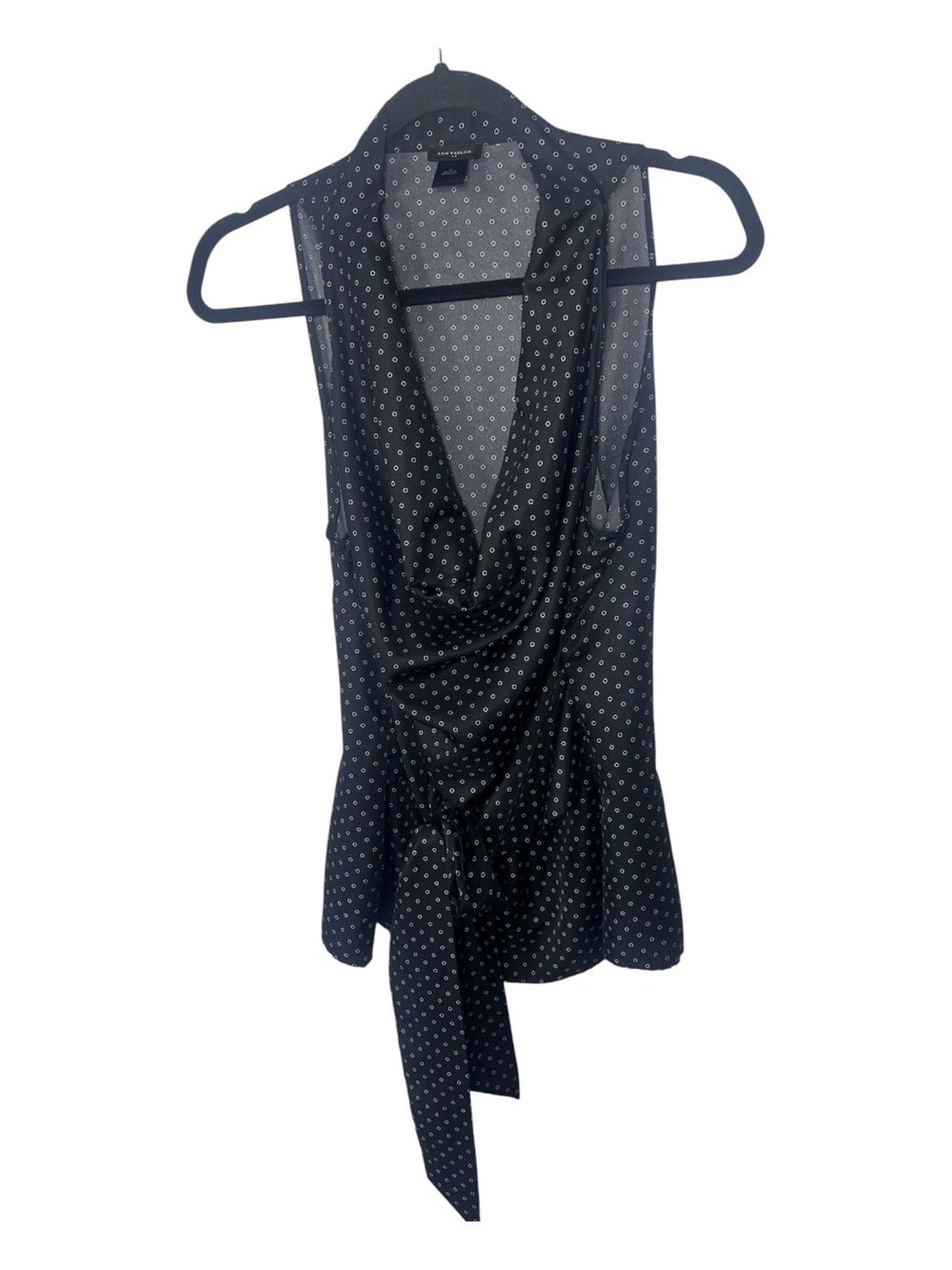 Ann Taylor Black Polka Dot Draped Tie-Front Sleeveless Top Sz 12